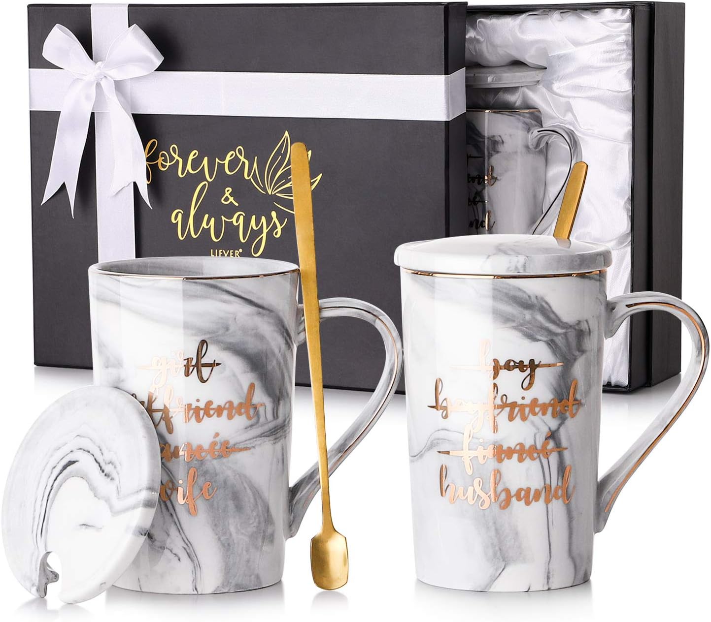 LIFVER Couple Coffee Mugs Set, Wedding Gift for Bride and Groom -Gift for Bridal Shower Engagement Wedding and Married Couples Anniversary - Ceramic Marble Cups, Set of 2, 12 oz, Grey