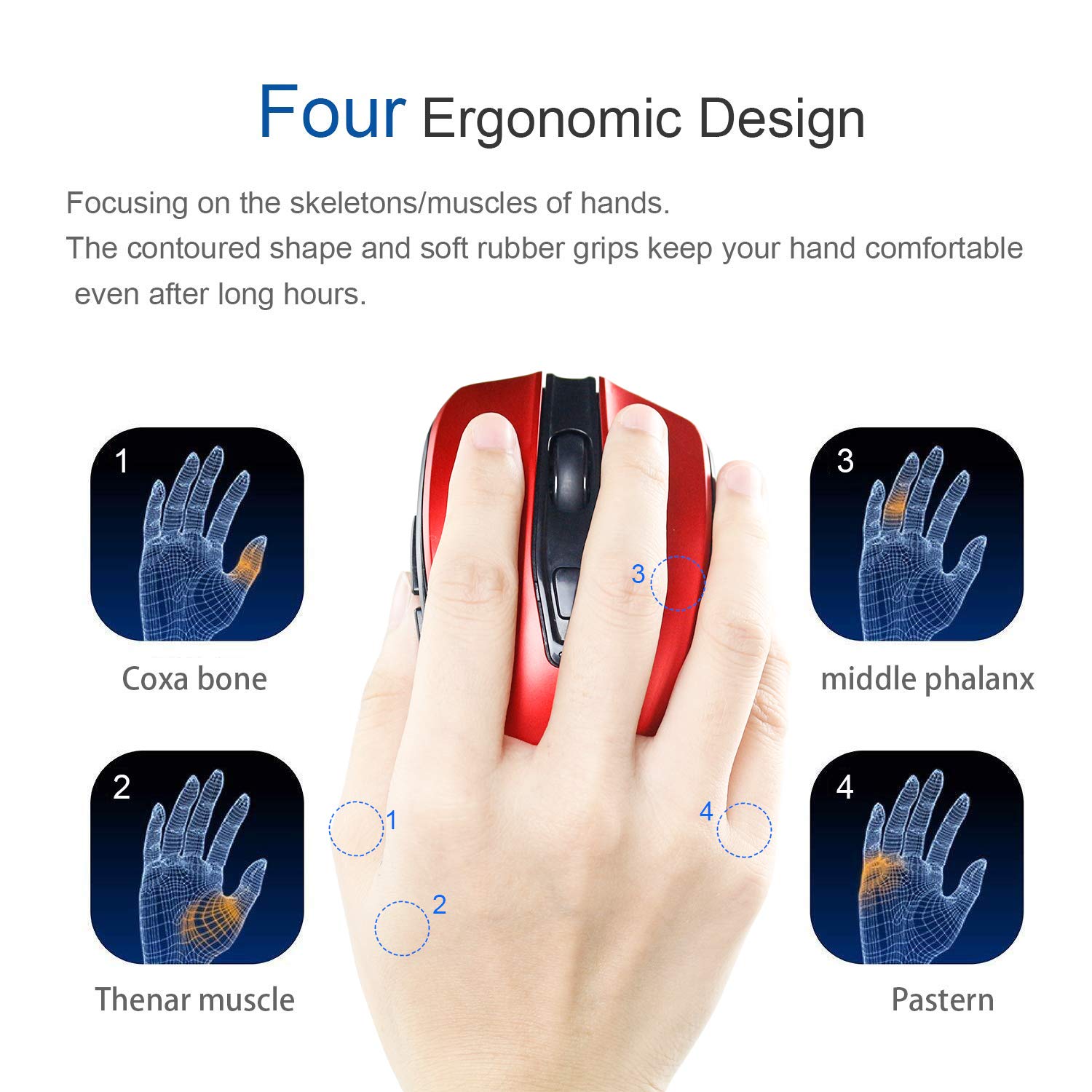 2.4G Wireless Mouse Portable Mobile Optical Mice with Nano USB Receiver 2400DPI 6 Buttons for Notebook PC Laptop Computer MacBook, Red