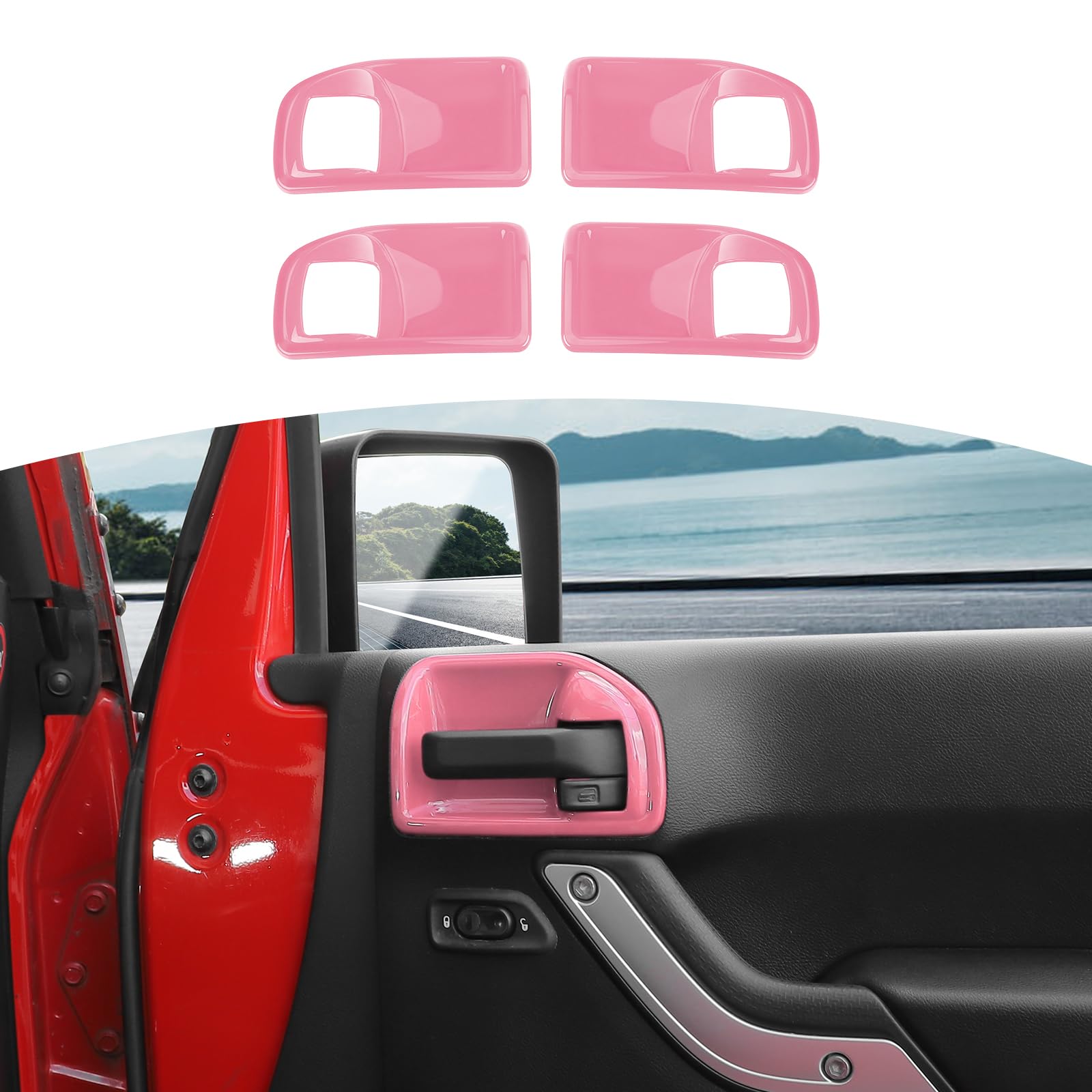 Photo 1 of RT-TCZ for Jeep JK Inner Door Handle Cover Bowl Trim Fit for Jeep Wrangler JK JKU 2011-2017 4DR Pink Interior Accessories 4pcs