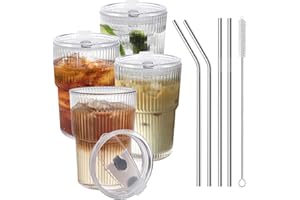 HIGIINC Iced Coffee Cups with Lids and Straws 4 Pcs, 16 OZ Unbreakable Glasses Drinking Set,Clear Plastic Cups Reusable Iced 