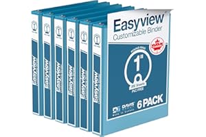 DAVIS GROUP Easyview Premium 3-Ring Binders with Clear-View Covers and Round Rings, Binders for School or Office, 1 Inch, Pack of 6, Turquoise