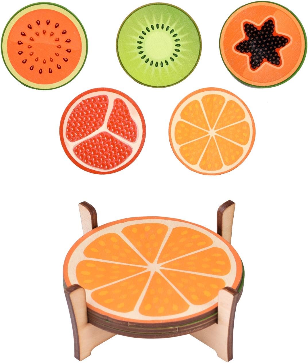 RK Cart Decorative Fruit Themed Wooden Tea Coffee Juice Coasters for Home Dining, Set of 5