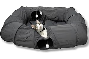XxingSheep 4 Ways Shuttled XL Cat Tunnel Bed for Indoor Cats Peekaboo Cat Cave Donut with Cool Mat (Dark Gray)