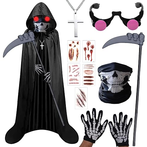 Boyigog Halloween Grim Reaper Costume 7Pcs Scary Death Fancy Dress for Adult Black Hooded Cloak Cape Skull Mask Scythe Gloves Glasses Cross Necklace Sticker for Halloween Cosplay Party
