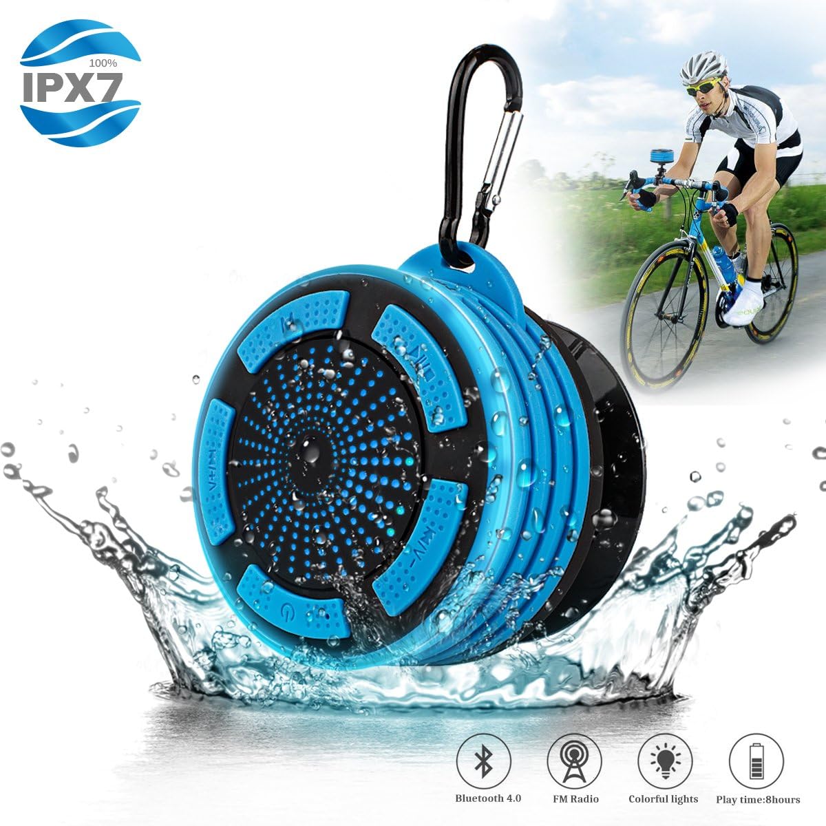 Portable Waterpoof Bluetooth Speaker Shower Radios with Light, Built in FM Radio and Detachable Suction Cup, Wireless Outdoor Speaker for Bathroom, Biking, Bicycle, Hiking, Car, Beach, Pool