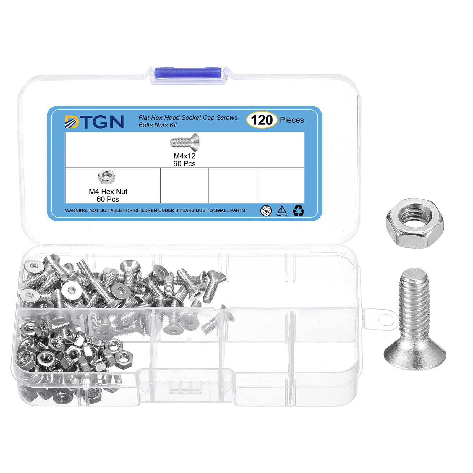 DTGN 120Pcs M4-0.5 x 12mm Flat Head Hex Socket Cap Screws Bolts Nuts Kit, 304 Stainless Steel Round Flat Metric Machine Screws, Full Thread