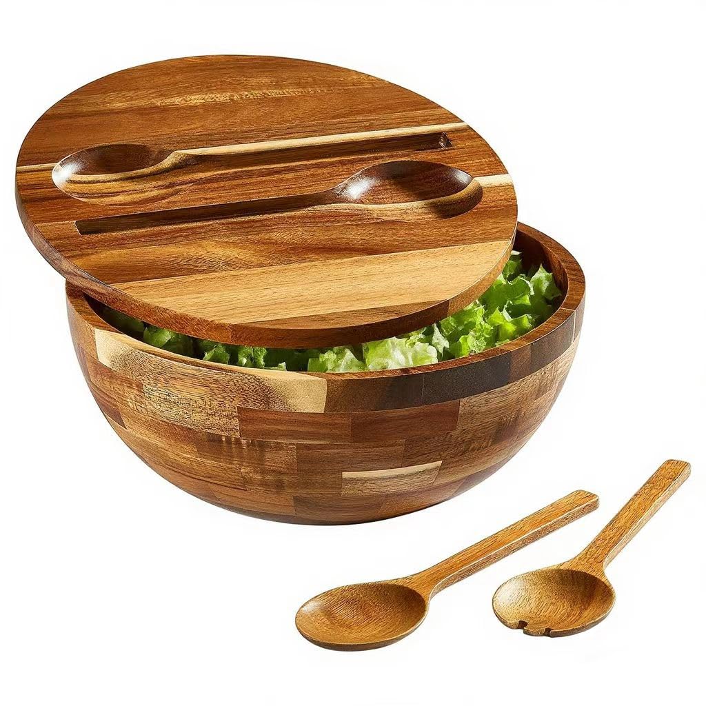 Photo 1 of JOYMAY Salad Bowls Wood Salad Bowl Set with Lid 11.8 Inch Large Wooden Bowls Set Acacia Wood Serving-Bowl with Serving Utensils Bowl for Kitchen, Dining, Party