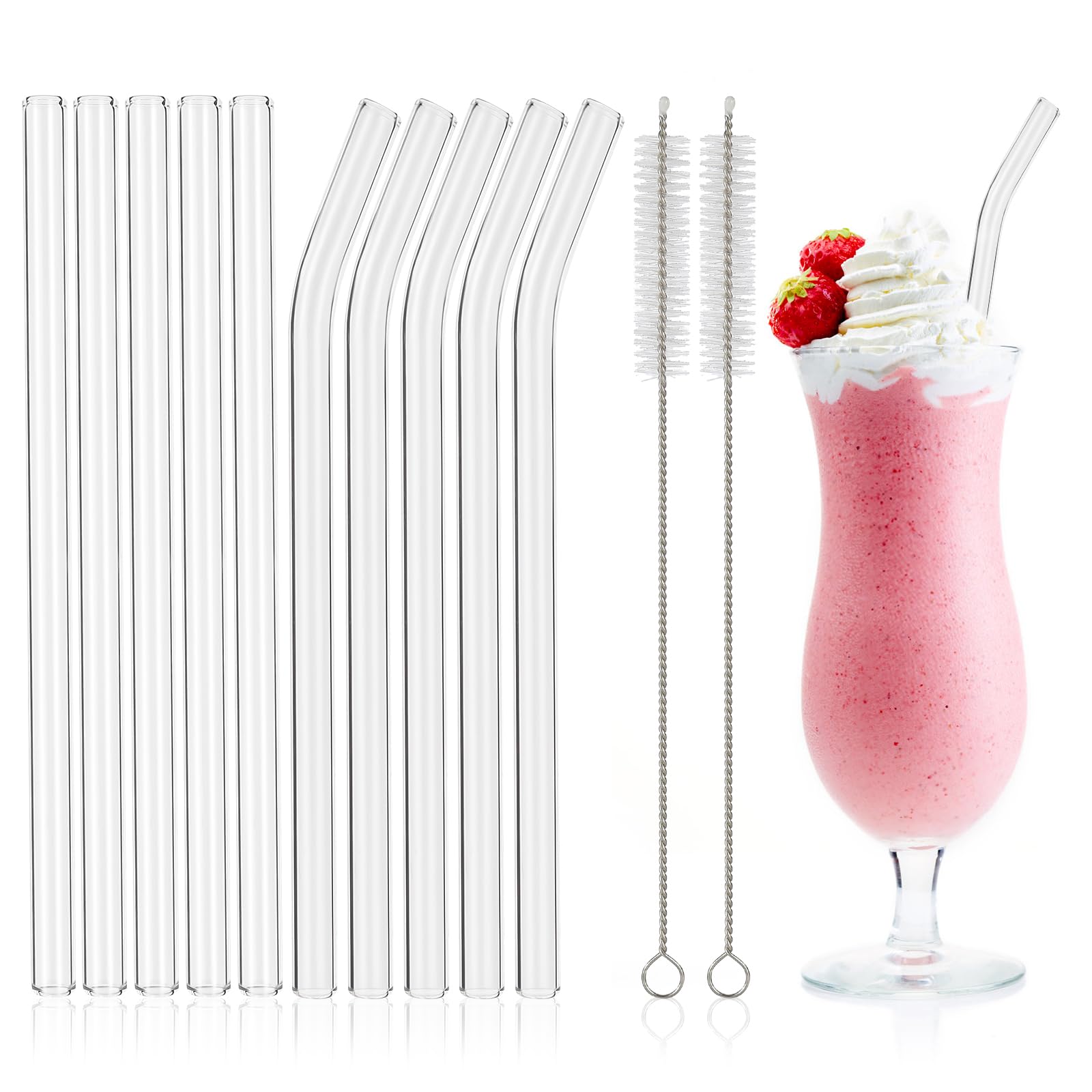 Photo 1 of 10 Pcs Reusable Clear Glass Smoothie Straws,9''x12 mm Wide Glass Straws Shatter Resistant for Milkshakes,Tea,Juice,Set of 5 Straight and 5 Bent with 2 Cleaning Brushes -Dishwasher Safe