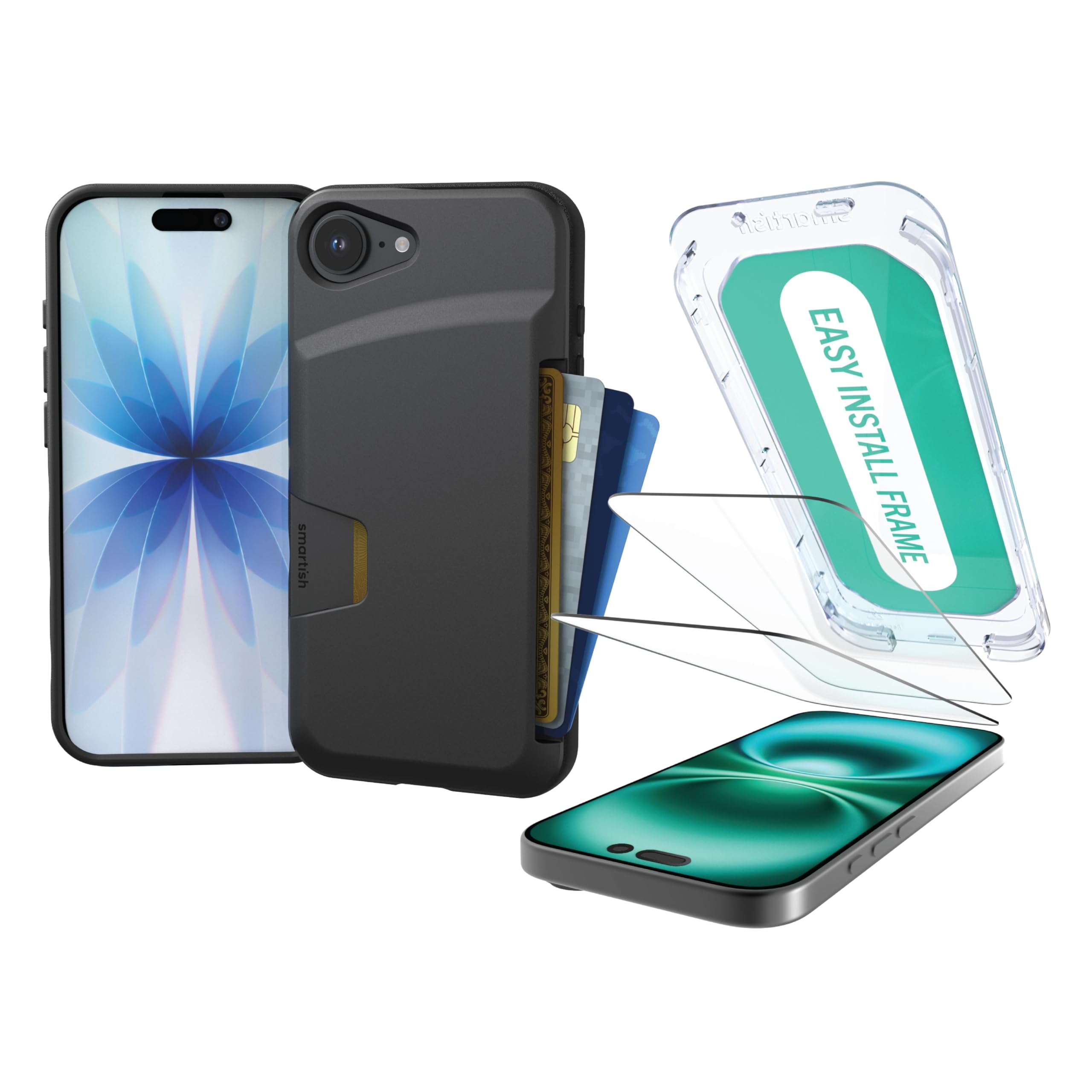 Smartish® iPhone 17e/16e Wallet Case + Screen Protector - [Slim + Protective] Phone Case Credit Card Holder + 2-Pack Tempered Glass Screen Protectors for Apple iPhone 17e/16e - Black Tie Affair