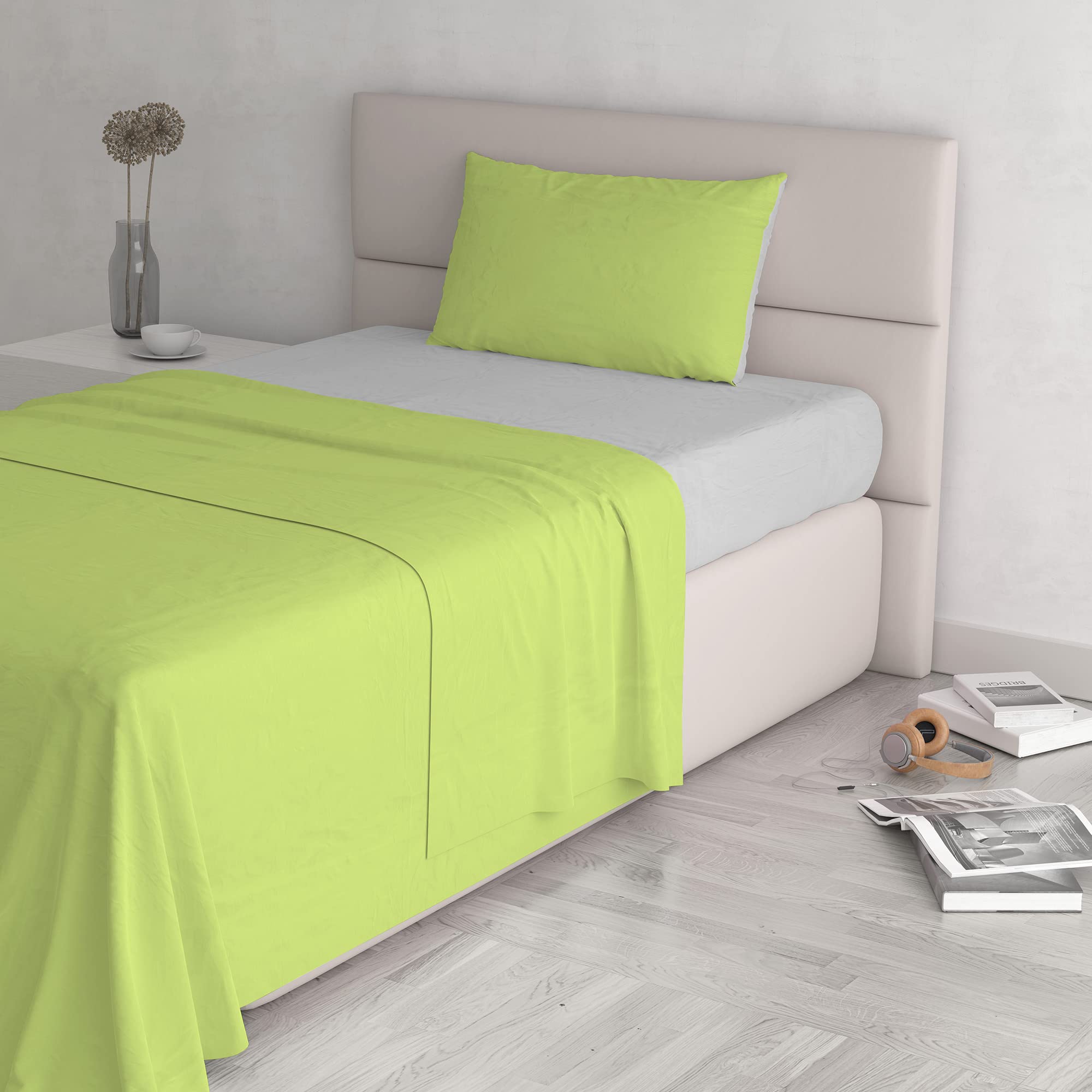 Italian Bed Linen Natural Colour Bed Sheet Set, Cotton, Acid Green/Light Grey, Small Double