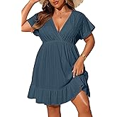 Yonique Plus Size Swimsuit Cover Up Women - V Neck Swimwear Short Sleeve Coverups Ruffle Hem Beach Dress 2026