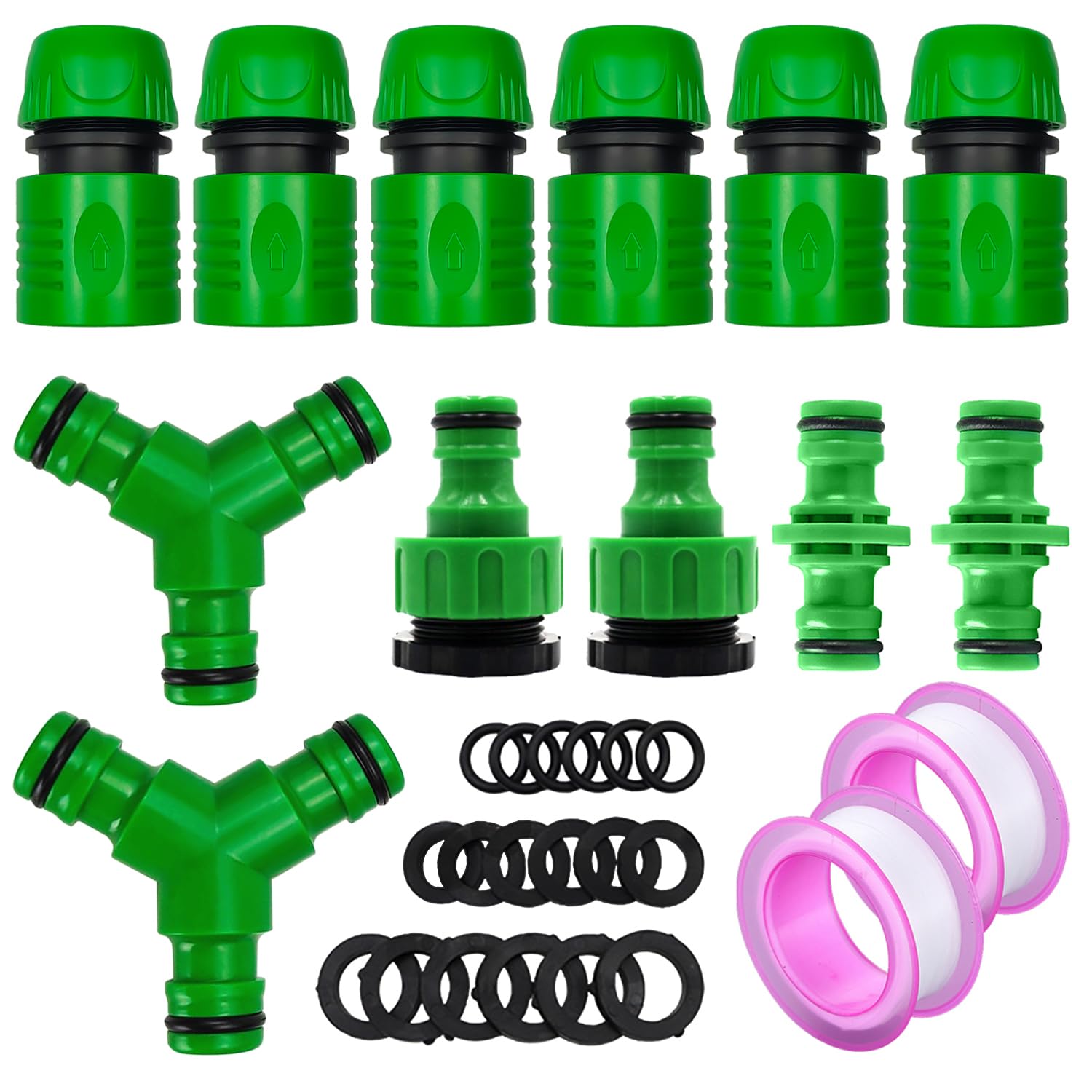 Miyobing 14 Pack Garden Hose Tap Connector Hose Pipe Fittings Kit (6 Quick Snap Connectors, 2 Y Connector, 2 Double Male, 2 2in1 Threaded Tap Connectors, 2 Thread Seal Tapes)