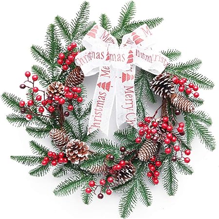 Amazon Sujesi クリスマスリース クリスマス リース 壁掛け 玄関飾り 天然素材使用 松ぼっくり ラメ加工 星 木の実 40cm リース おもちゃ