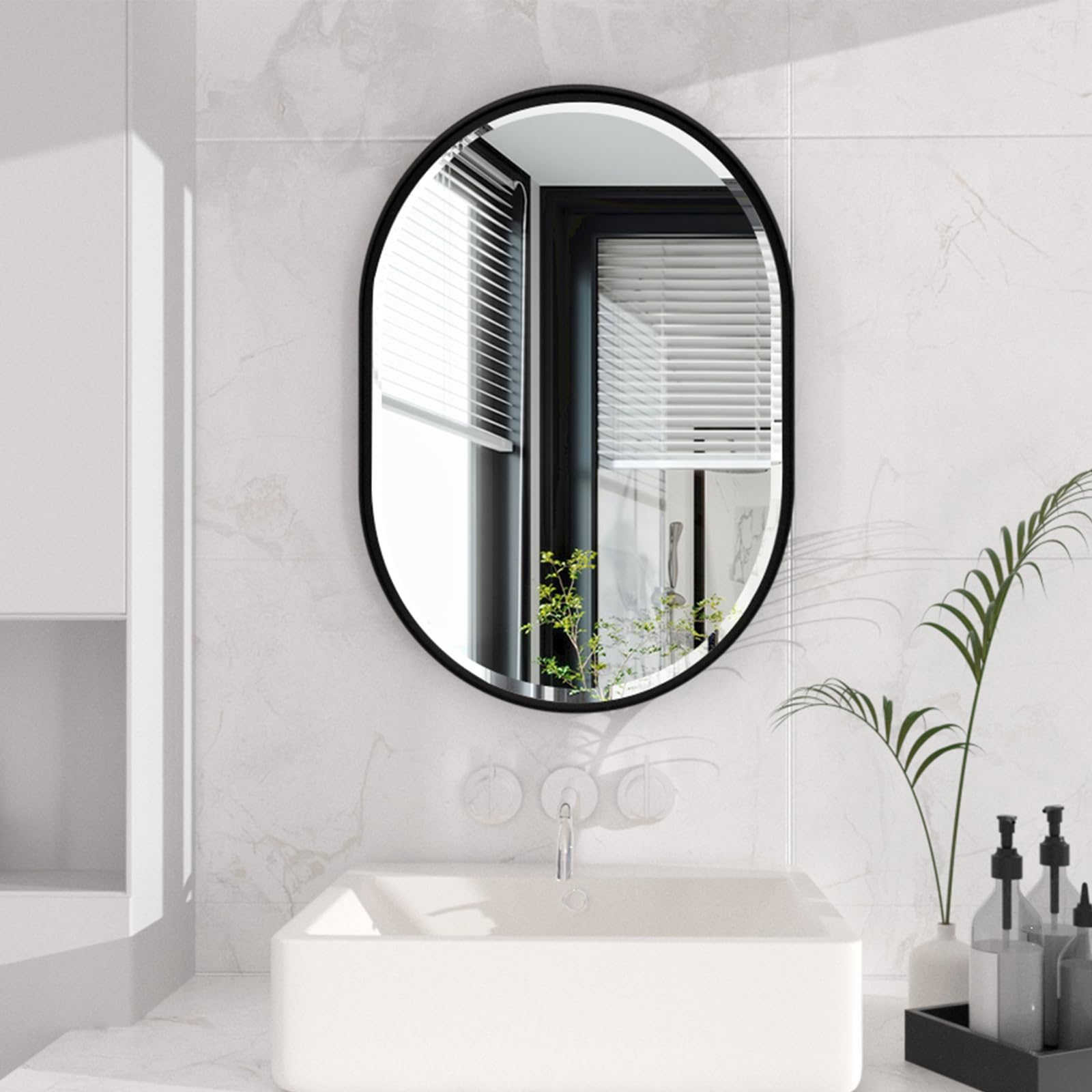 POZINO Black Oval Mirror, Modern Beveled Mirror for Over Sink, 22