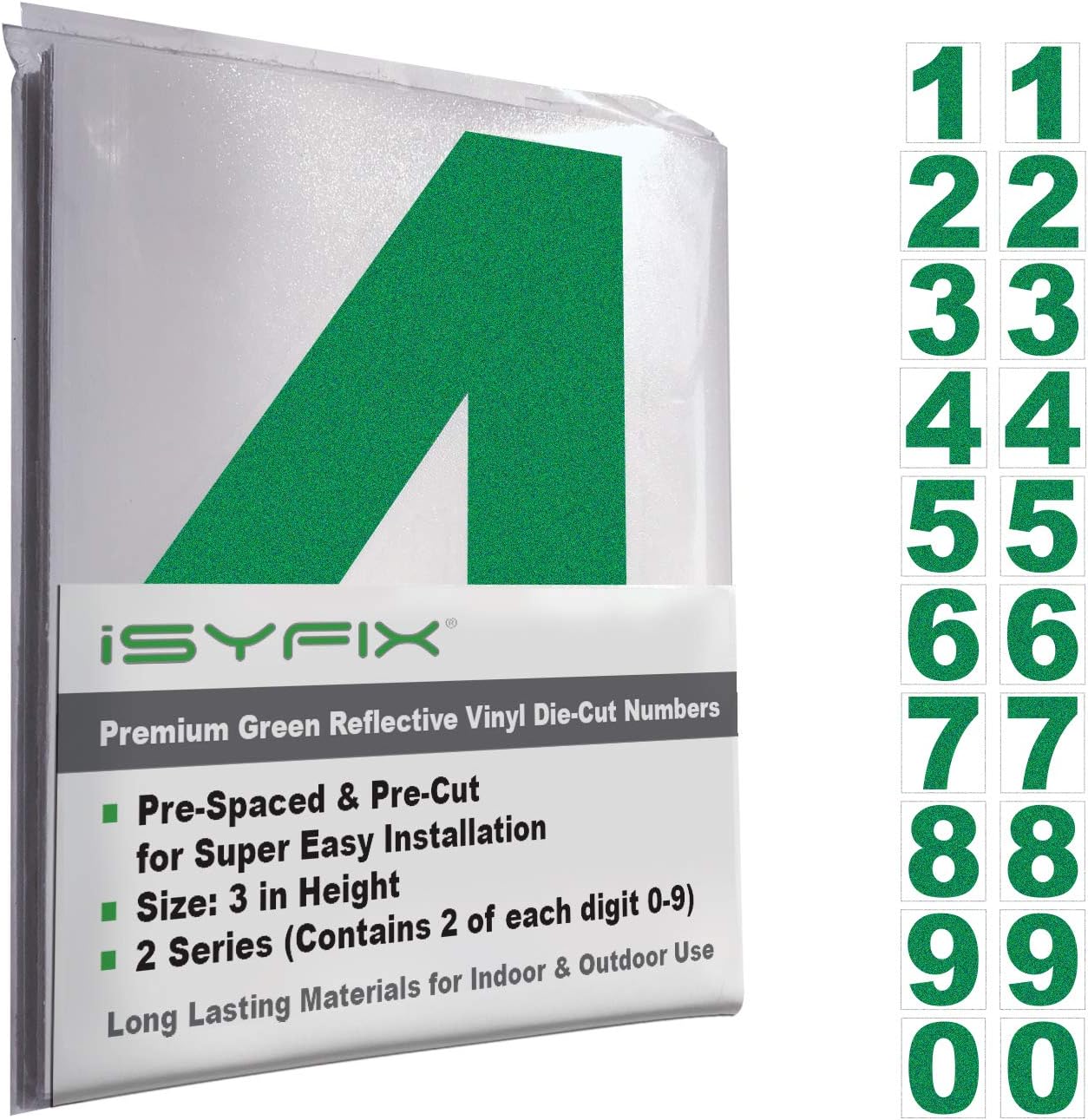 Reflective Green Vinyl Numbers Stickers (2 Sets) 3 Inch