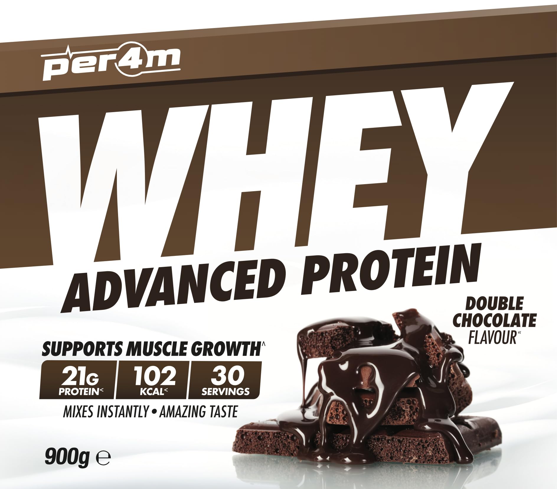 per4m Protein Whey Powder | 30 Servings of High Protein Shake with Amino Acids | for Optimal Nutrition When Training | Low Sugar Gym Supplements (Double Choc