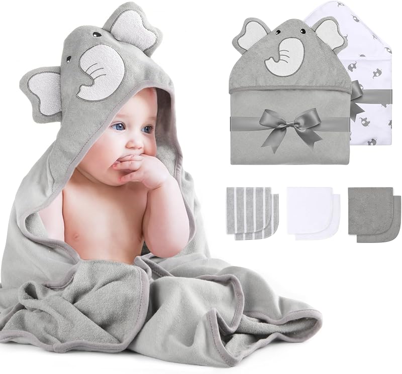 momcozy Hooded Baby Towel Set 8-Piece Elephant Cute Turquoise 30x30