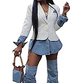 Vaceky Women's Denim Shirt-Tail Blazer Pearl Buttons Slit Jean Cuffs Business Jacket