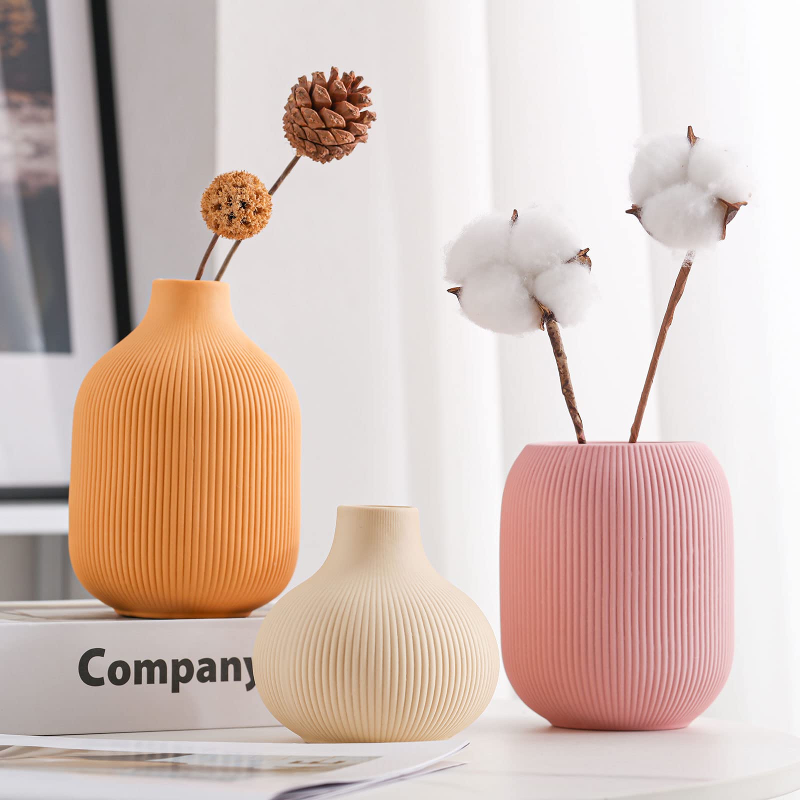 Ceramic Vase for Decor,Small Boho Vases Set for Home Decor,Modern Minimalist Farmhouse Decor,Decorative Bud Vases for Shelf Decor,Table, Bookshelf, Mantel and Entryway(Pink+Light Yellow+Orange) - Image 6