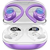 Hupoaf Wireless Earbuds Sport, 2025 Bluetooth 5.4 Headphones with Earhooks, 50H Stereo Deep Bass Over Ear Buds with 4 ENC Noise Canceling Mics, IP7 Waterproof Earphones for Running Workout Gym -Purple