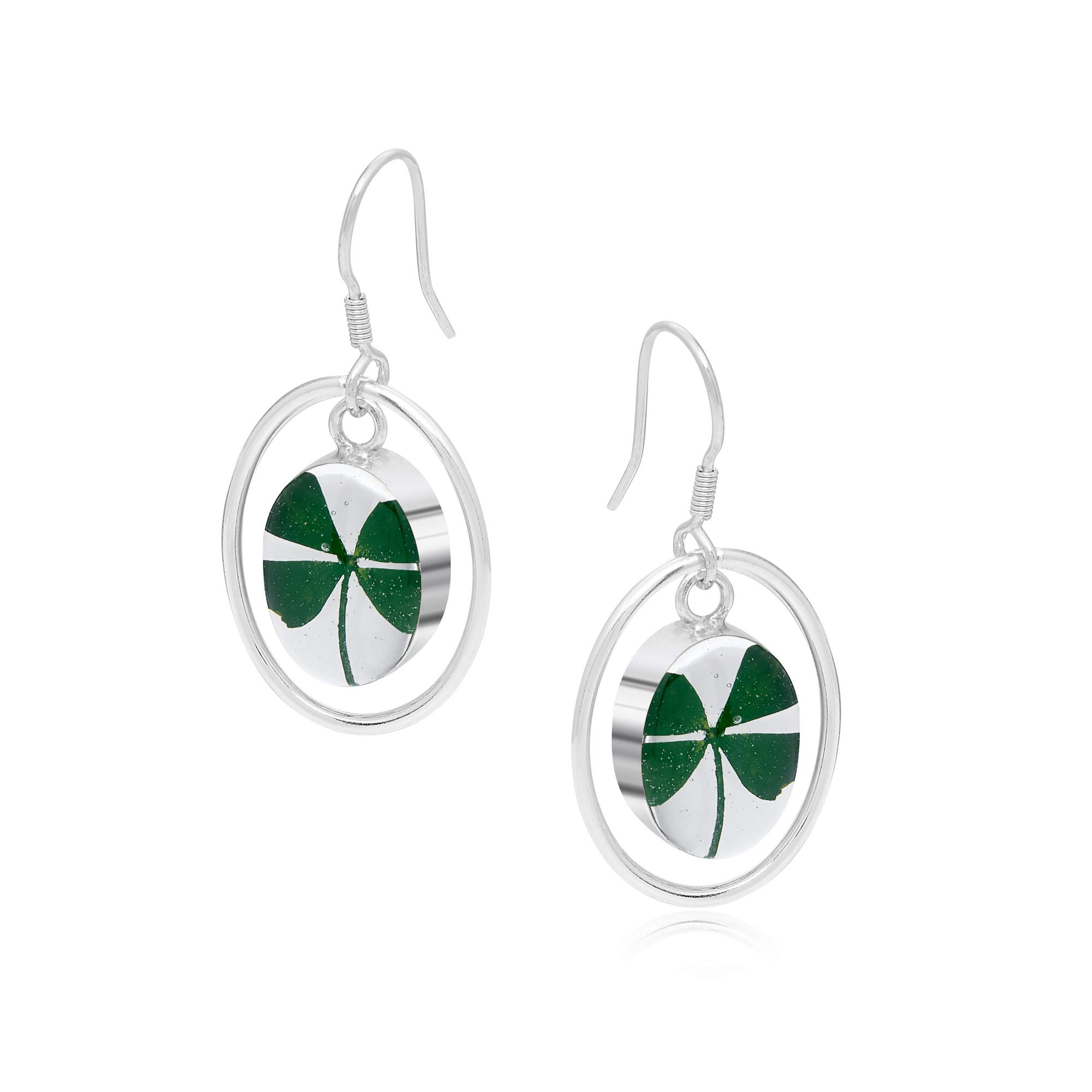 Shrieking Violet 925 Sterling Silver Oval Hoop Real Flower Drop Earrings - Four-Leaf Clover (Green)