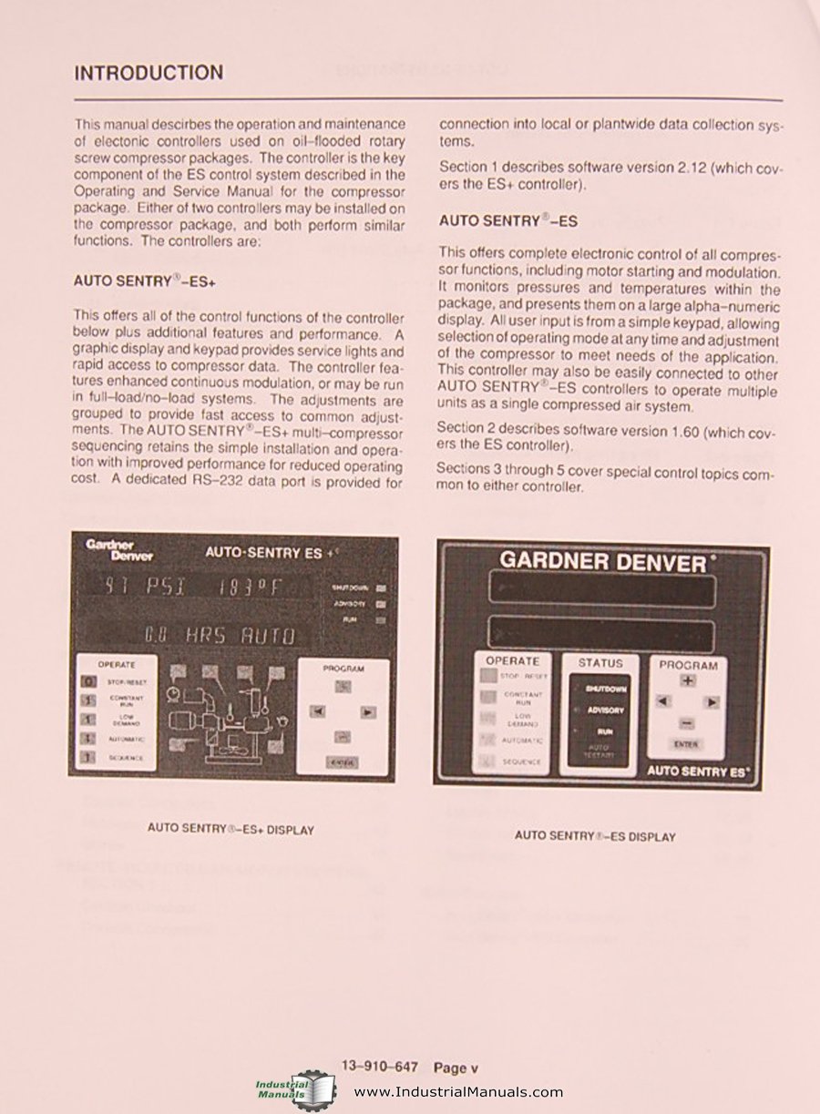 Gardner Denver ES Controls, Auto Sentry, Operations and Service Manual: Gardner  Denver: Amazon.com: Books