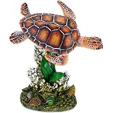Penn-Plax Swimming Sea Turtle Decor, Aquarium Fish Tank - Small | Resin Decoration with a Sturdy Base Of Sea Plants and Shells Design For Freshwater and Saltwater Setups, 2.75 X 3.5 X 4 In