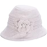 Lawliet Womens 1920s Flappers 100% Linen Cloche Bucket Sun Summer Floral Hat A602