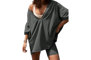 TAQCUX 2 Two Piece Outfits for Women Summer Oversized Workout V Neck T Shirts Biker Shorts Matching Sets