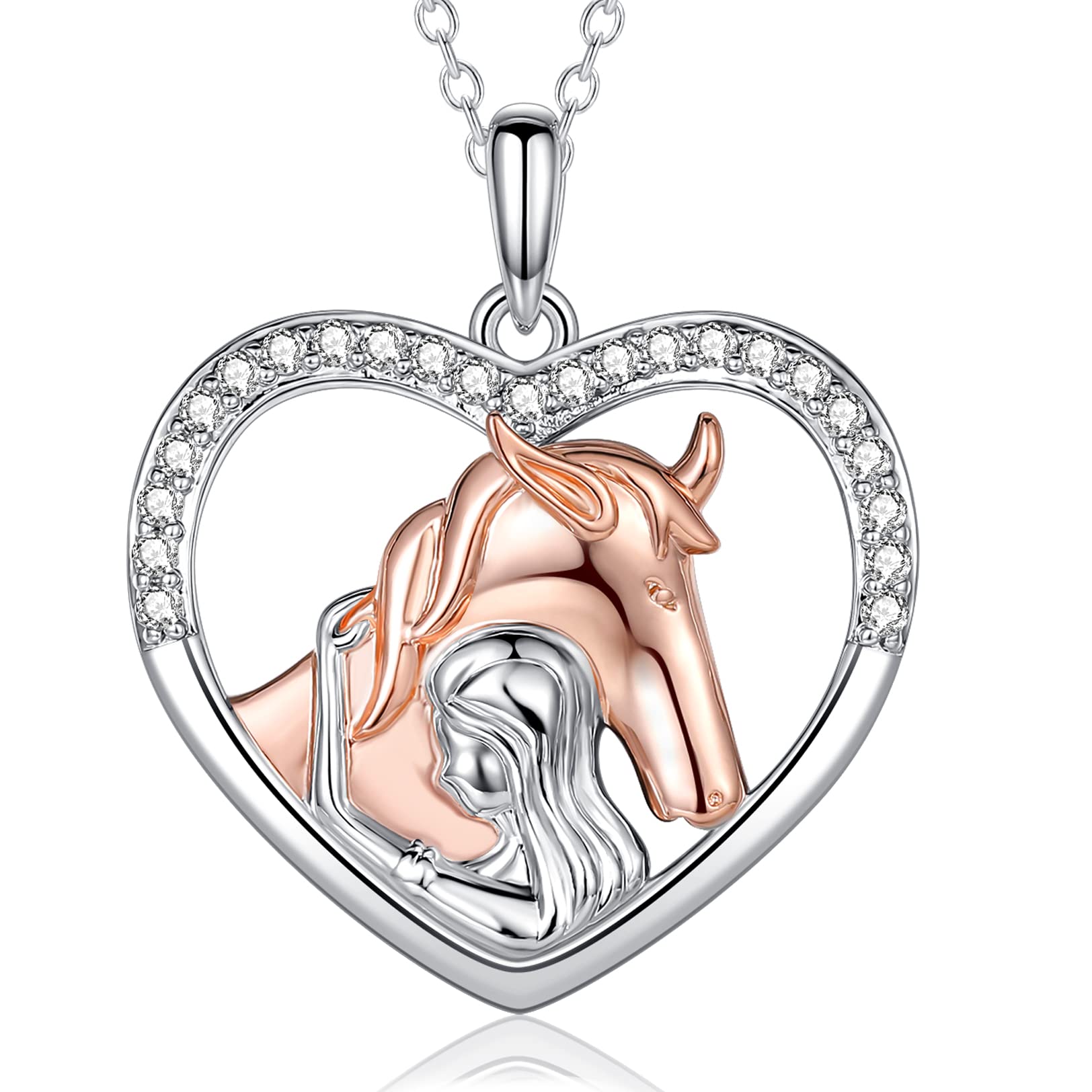 LYTOPTOP Silver Girl and Horse Necklace, Sterling Silver Cubic Zirconia Heart Pendant Necklace for Girls, Women & Horse Lovers