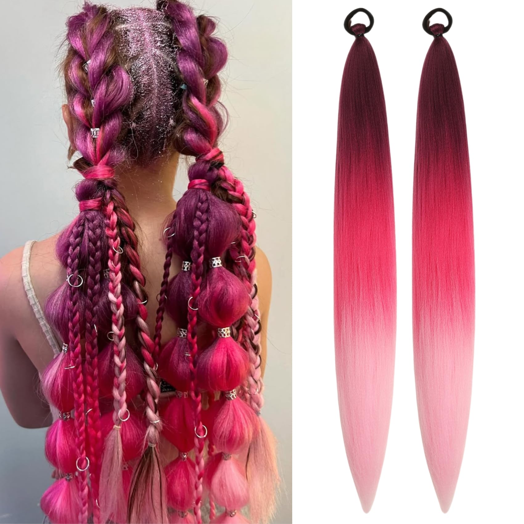 Photo 1 of ***HAS MINOR TANGLES/ WILL NEED A LITTLE TLC*** Pink Ombre Braiding Hair Extension for Braids Synthetic Braid Ponytail Extensions with Elastic Tie Fashion Festival Rave Hair Accessories(Pack of 2)