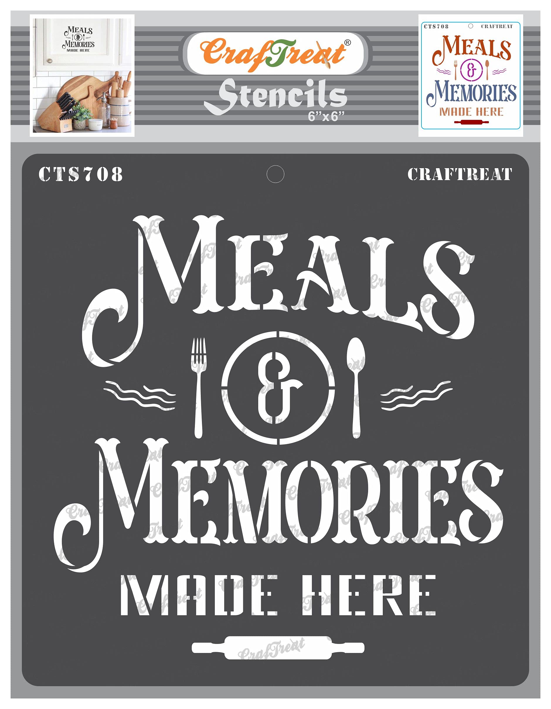 CrafTreat Reusable Kitchen Quote Stencils for Painting on Wood - Meals and Memories -6X6 Inch - Kitchen Stencils for Painting on Canvas - Stencil Kitchen Words