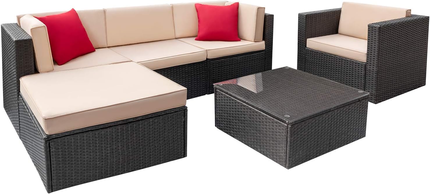 Flamaker 6 Pieces Patio Furniture Set Outdoor Sectional Sofa Outdoor Furniture Set Patio Sofa Set Conversation Set with Cushion and Table (Beige): Garden & Outdoor