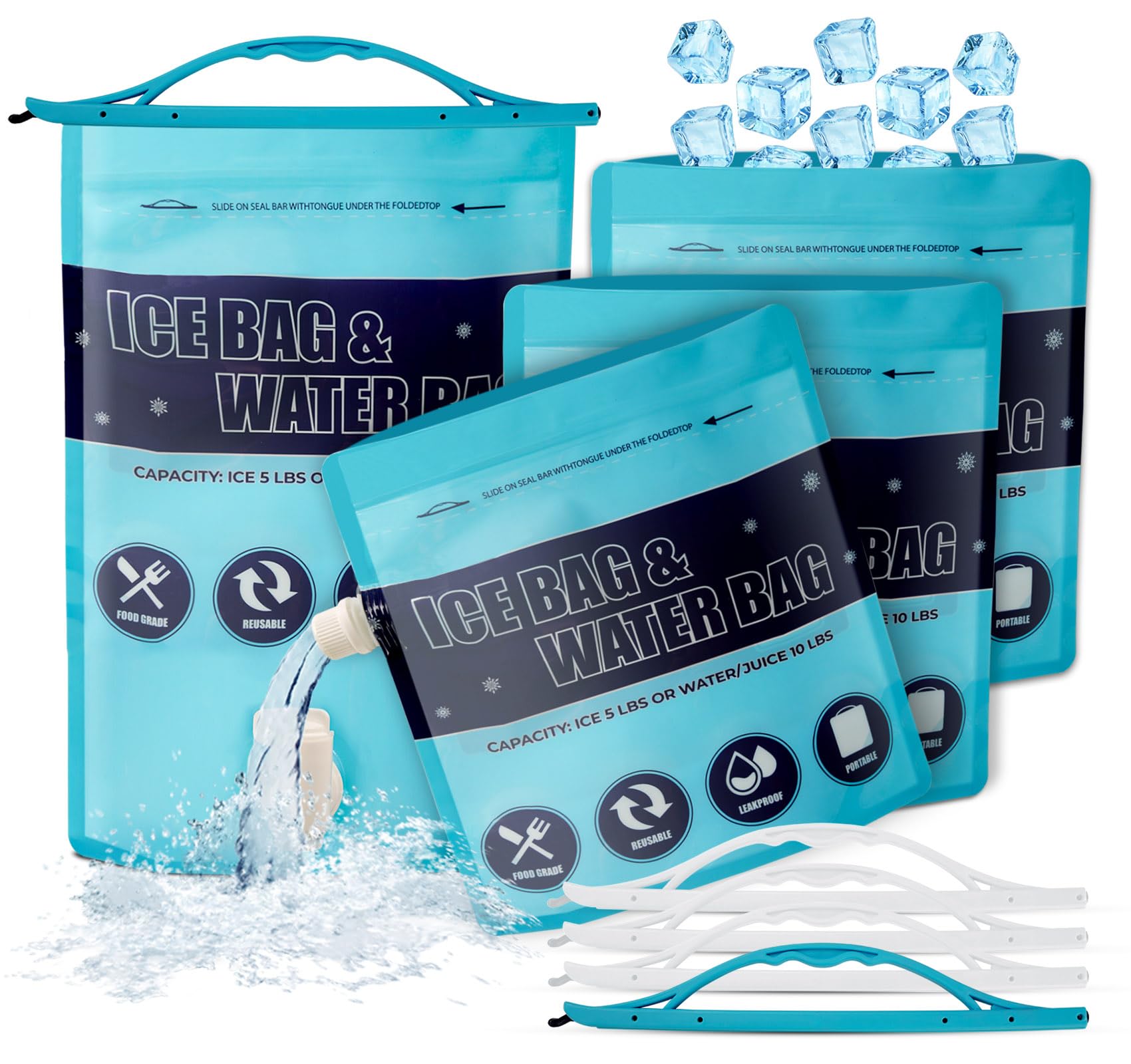 Photo 1 of 4Pcs Reusable Ice Bag with 4 Clips (2.5lb&5lb), Large Ice Bags for Freezer, Refillable Ice Packs for Cooler, Leakproof Ice Cube Bag for Lunch Boxes, Fishing, Camping, Hiking Trip (1 Large&3 Medium)