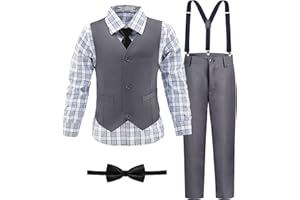LOPEN STU Boys' Suit Kids Formal Tuxedo Suits for Boys Wedding Outfits Dress Vest Pants Suspenders Set Adjustable Waist