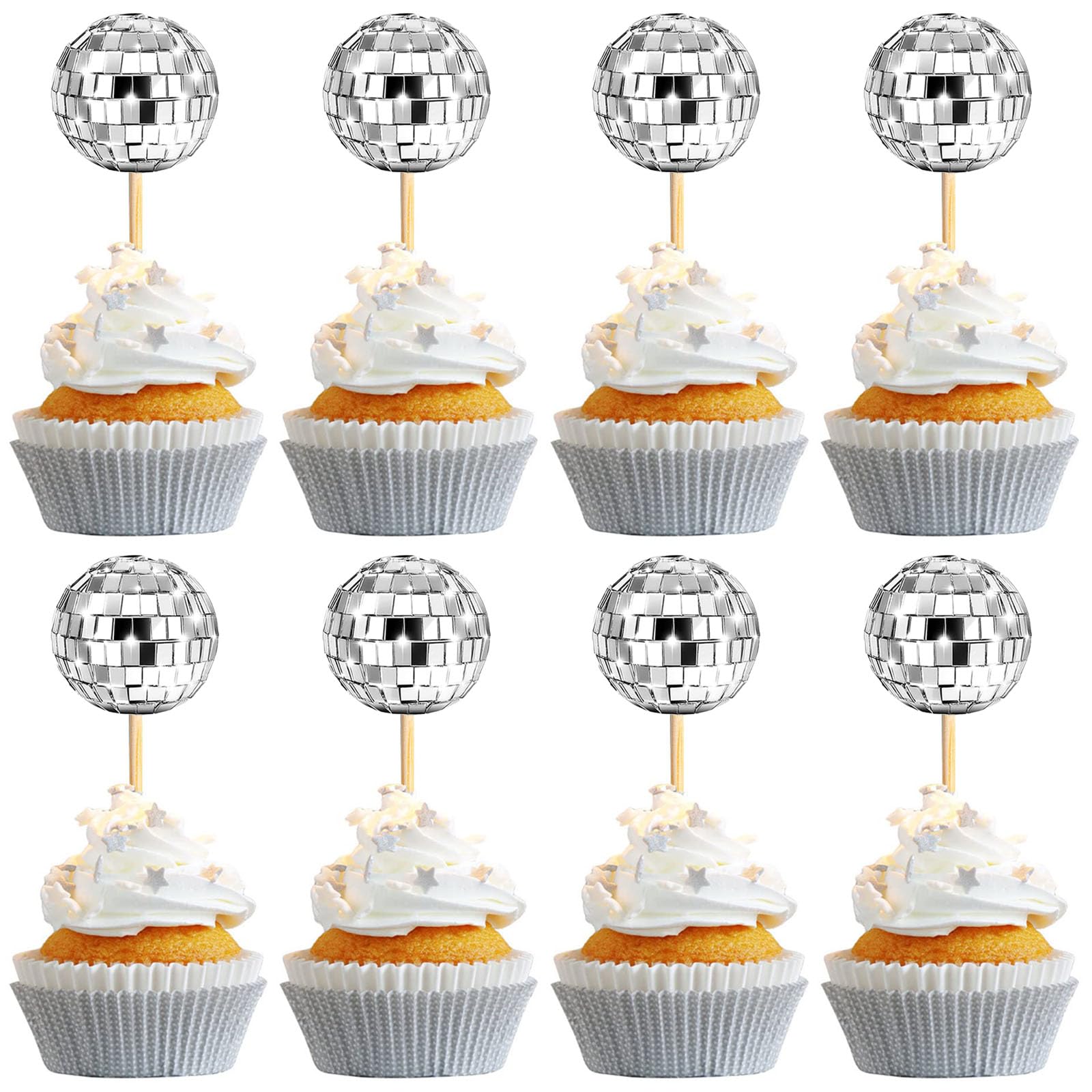 Photo 1 of 24 PCS Disco Ball Cupcake Toppers, Silver Disco Ball Cake Toppers, Mini Disco Ball Cupcake Decorations for 70s Disco Theme Birthday Party Wedding Anniversary Decorations