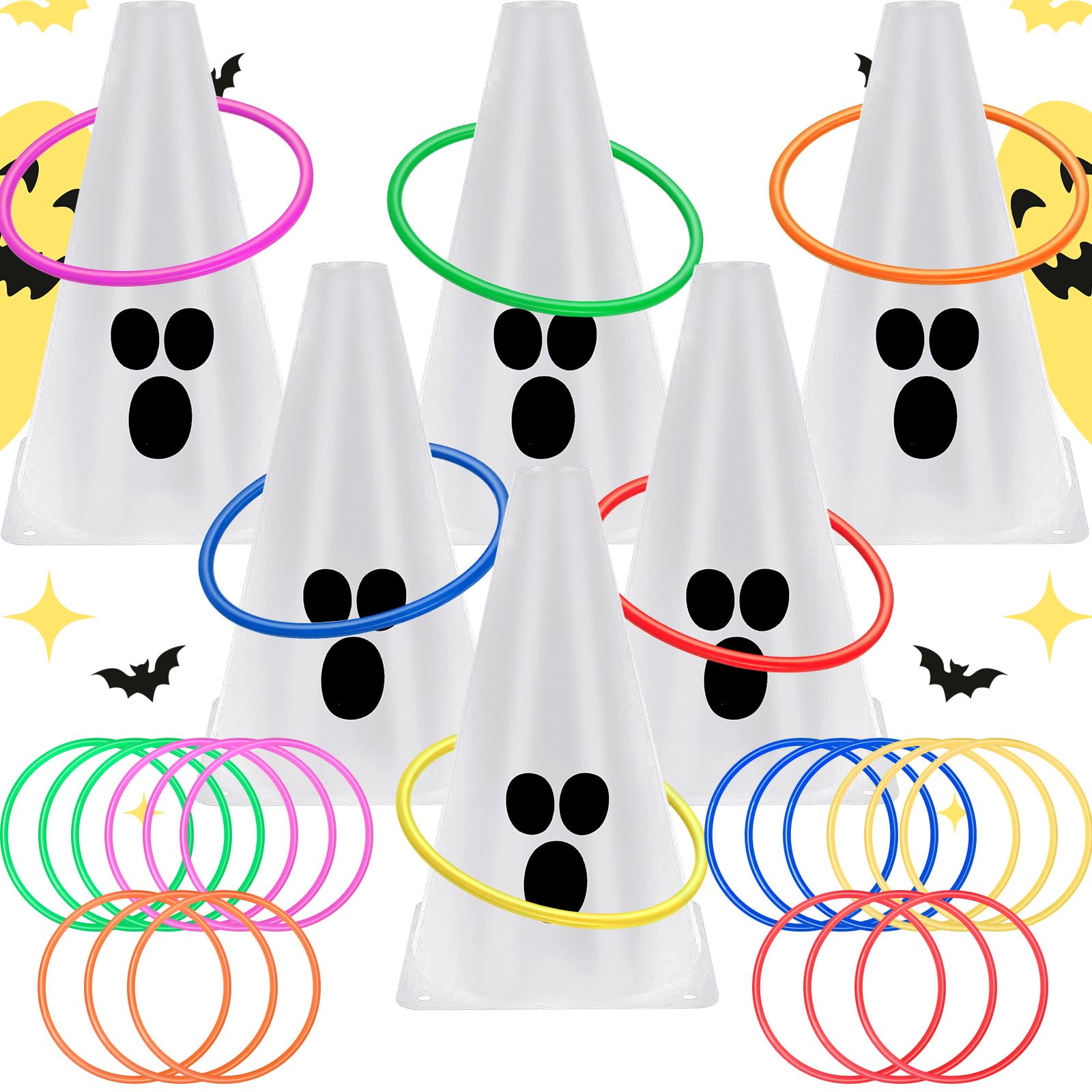 Photo 1 of 24 Pcs Halloween Ring Toss Game Outdoor Carnival Party Games Include 6 Plastic Cones 18 Toss Rings for Halloween Party Games Indoor Outdoor Yard Activities (White?