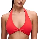 CRZ YOGA Butterluxe Double Lined Twist Halter Sports Bras for Women - Deep V Neck Crop Top Casual Open Back Non Padded