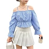 OYOANGLE Girl's Cold Shoulder Striped Shirts Bishop Long Sleeve Blouse Ruffle Peplum Crop Tops