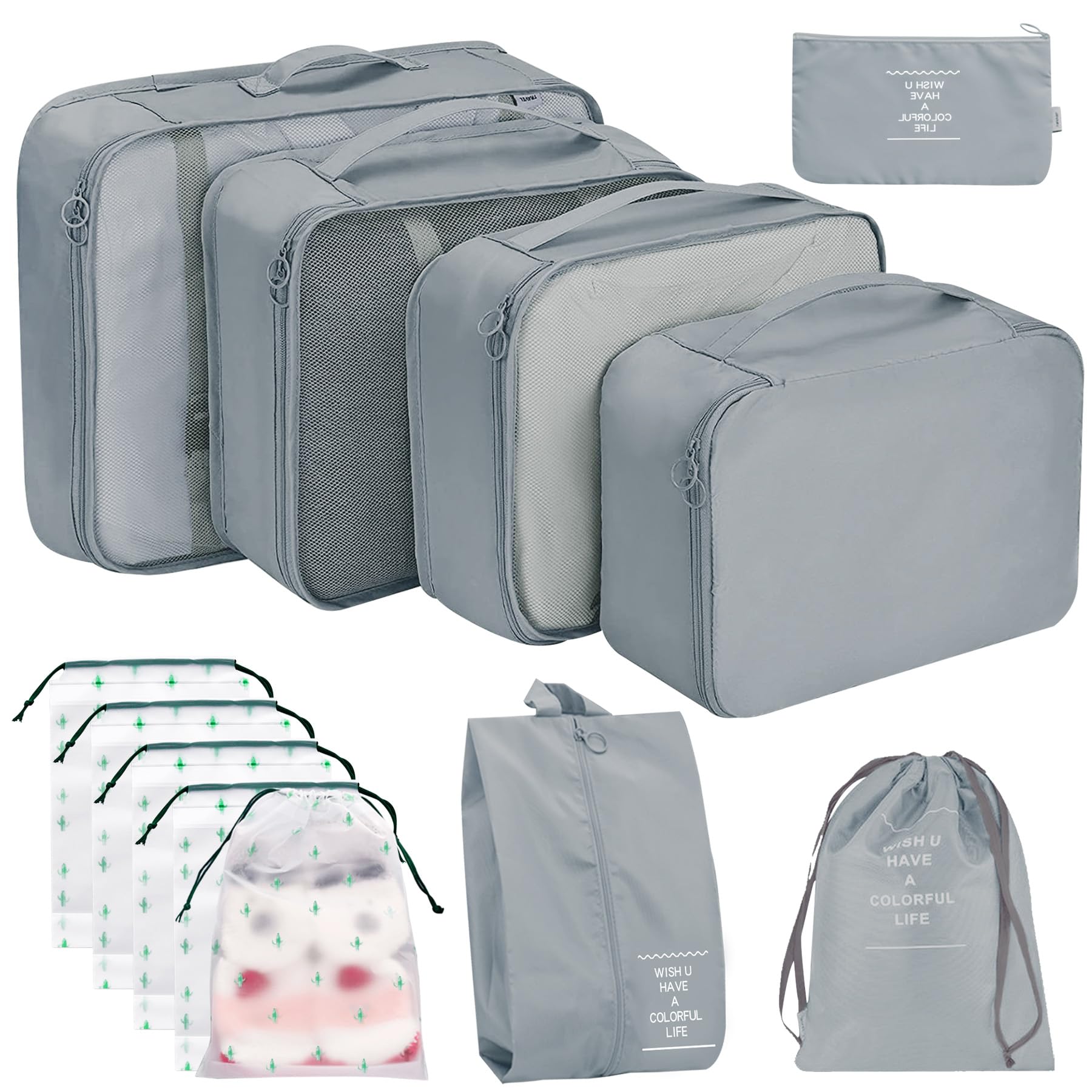 12Pcs Packing Travel Cubes for Suitcase Luggage Organizers with 5 Drawstring Bags,Suitcase Organiser Bag with Waterproof Shoe Storage Bag Compression Pouches Grey