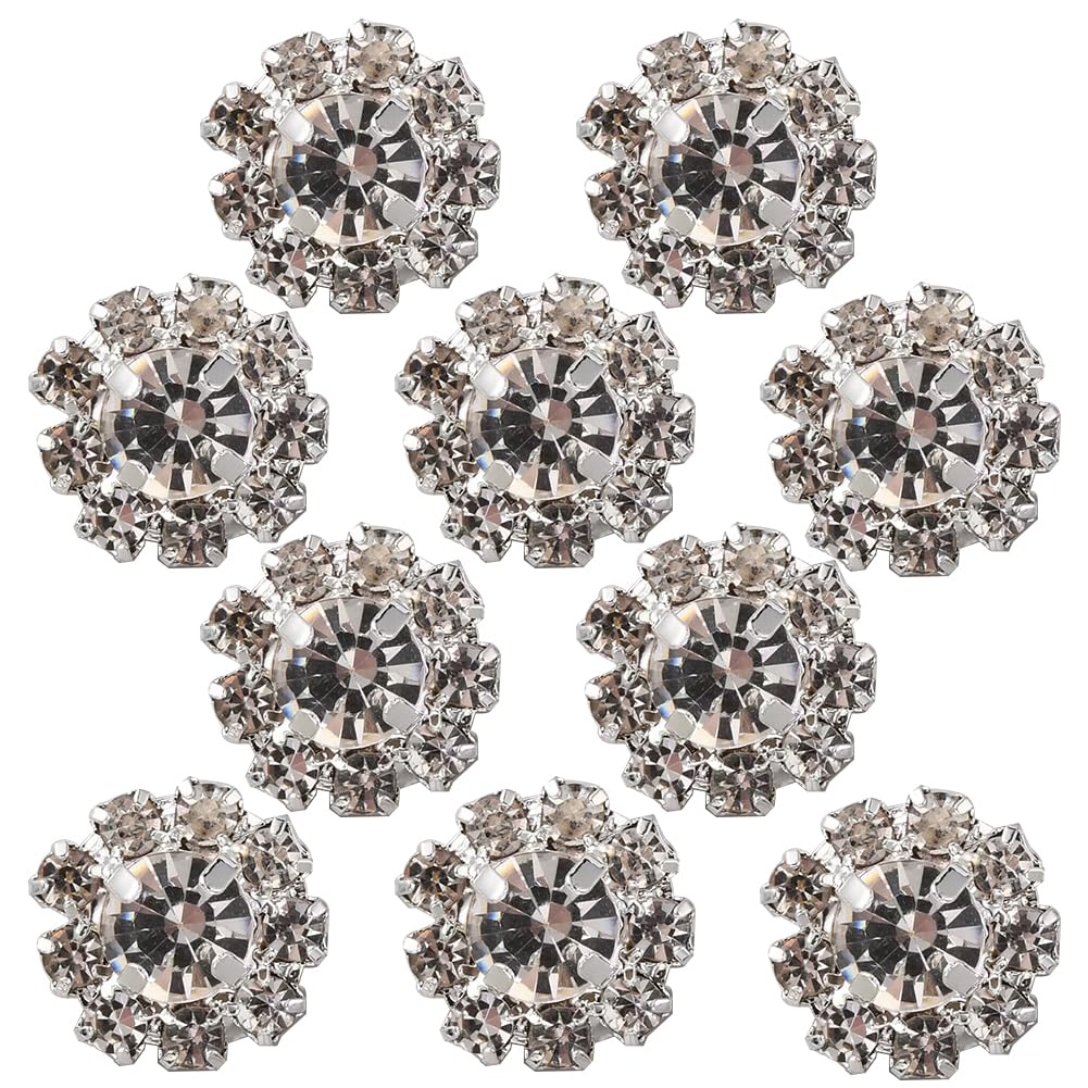 GORGECRAFT 1 Box 10Pcs Rhinestone Shank Buttons Silver Alloy Crystal Flower Shape Button Round Decorative Metal Buttons for DIY Sewing Crafts Shawls Dress Clothing Bags Embellishments Wedding Decor