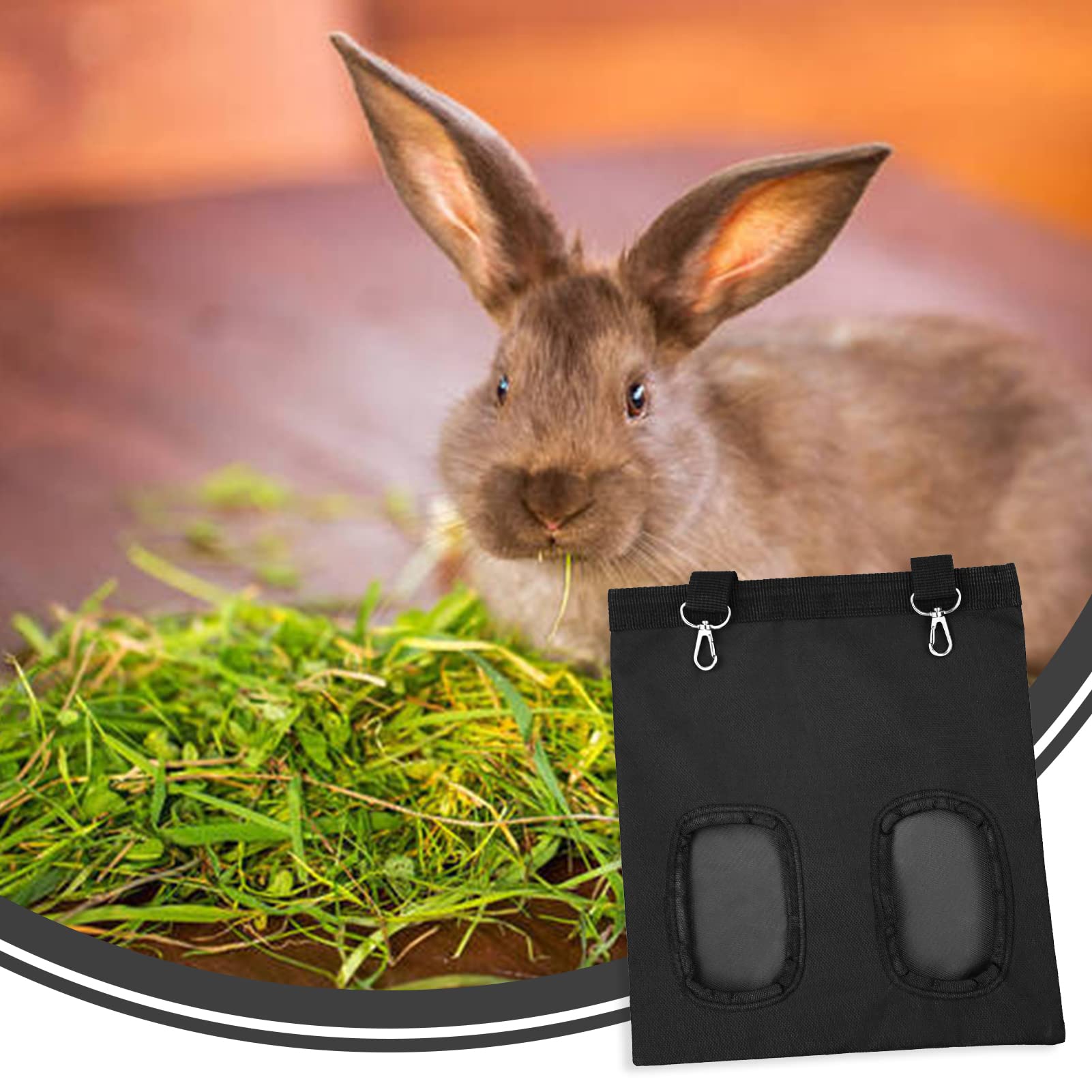 Rabbit Hay Feeder Bag, Guinea Pig Chinchilla Oxford Fabric Hanging Bag with Feeding Holes Waterproof Pet Essential Storage for Small Hay-Eating Pets (Black)