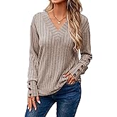 Dokotoo Womens Soft Long Sleeve V Neck Shirts Solid Casual Decorative Buttons Knitted Pullover Tunic Tops