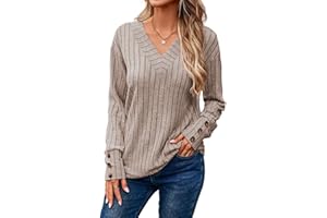 Dokotoo Womens Soft Long Sleeve V Neck Shirts Solid Casual Decorative Buttons Knitted Pullover Tunic Tops