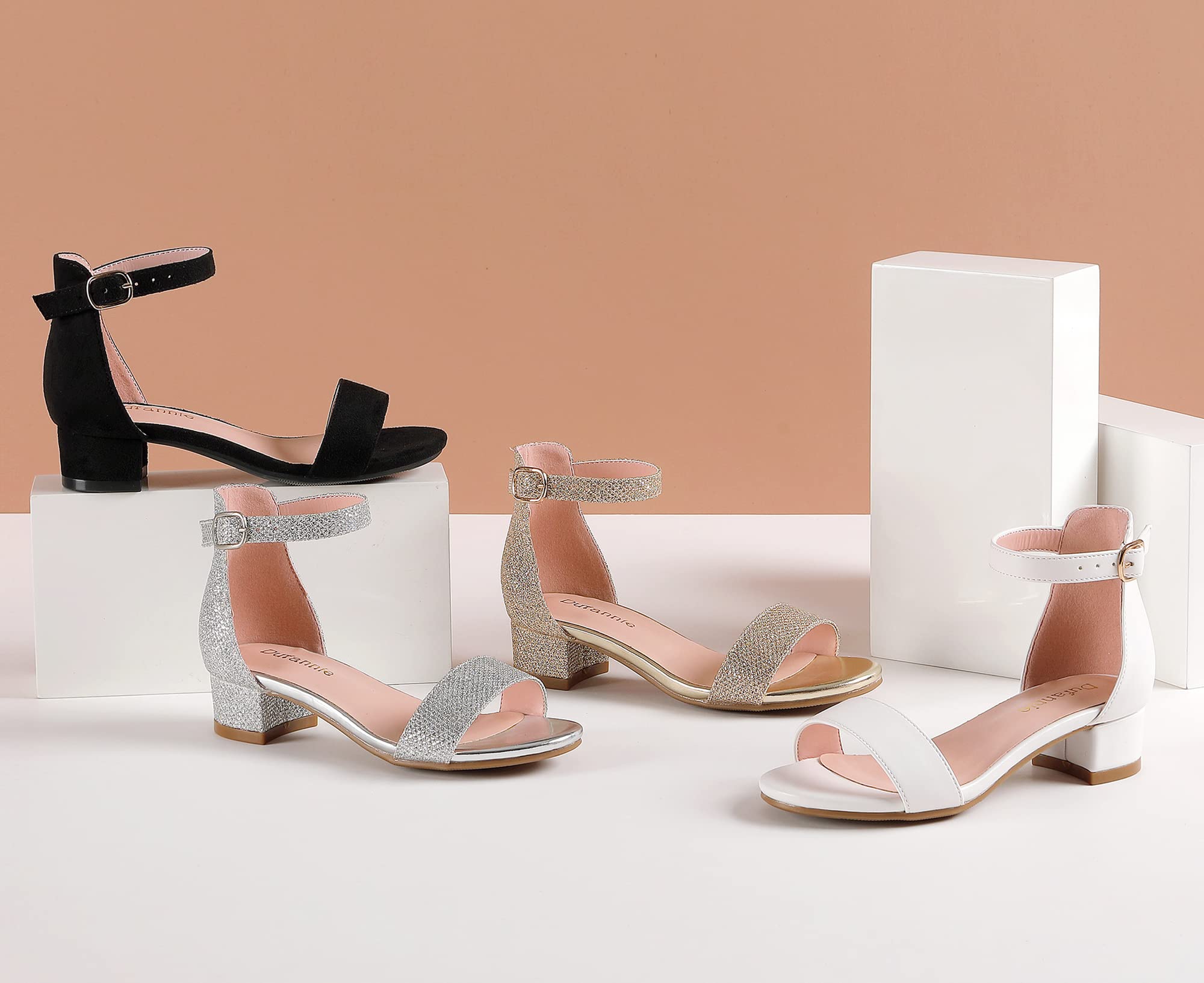 Dufannie Girls Sandals Low Heels Dress Pump Ankle Strap Open Toe Flower Girl Wedding Party for Toddler Little Big Kid