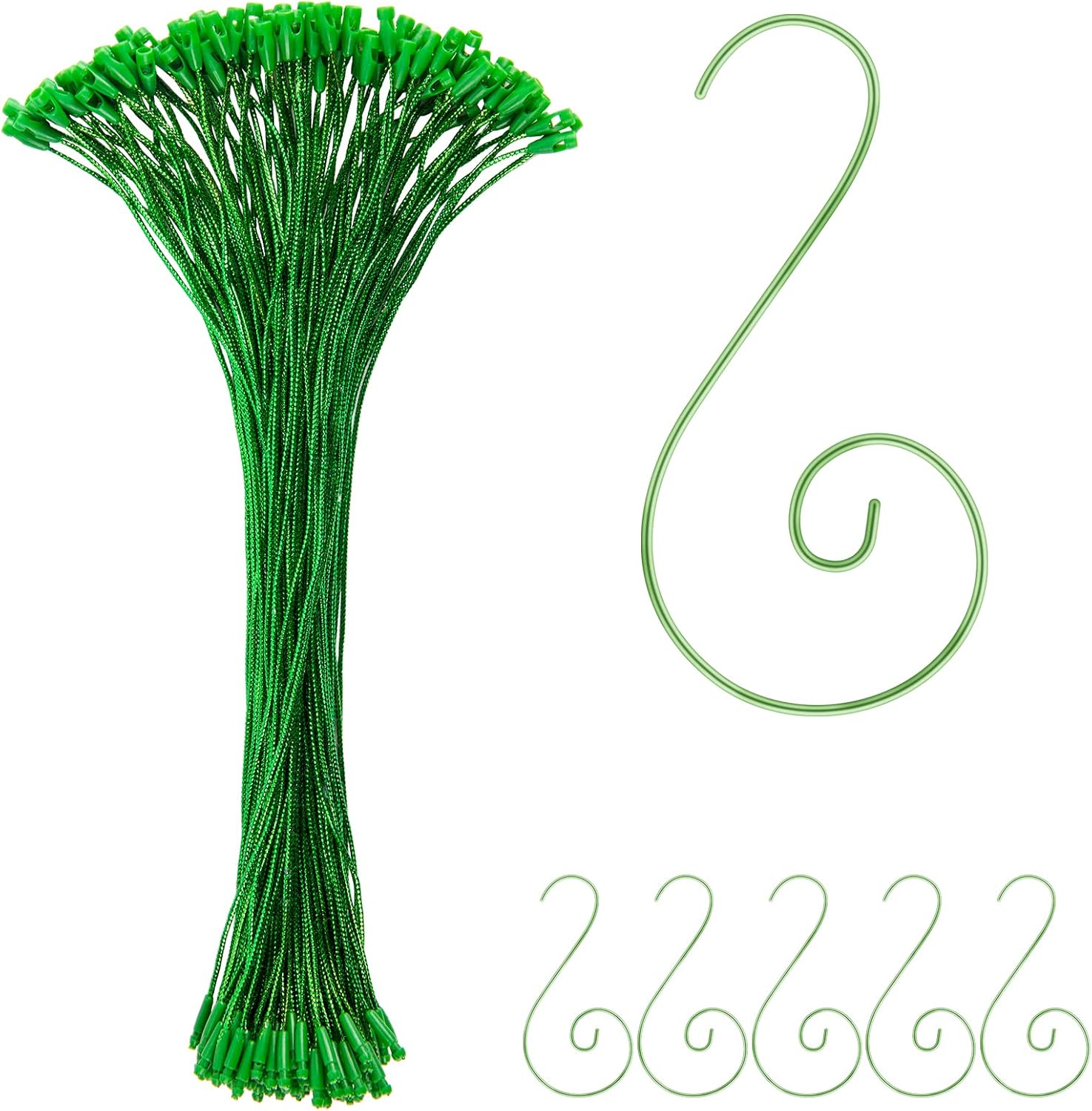 Ornament Hooks - RIFNY 200 PCS Christmas Ornament Hangers Hooks Snap Locking Ropes Hang Tag Ornament Fasteners Pre-Cut Hanging Ropes Fasteners for Christmas Tree Party Halloween Holiday Ornament Decoration (Green)