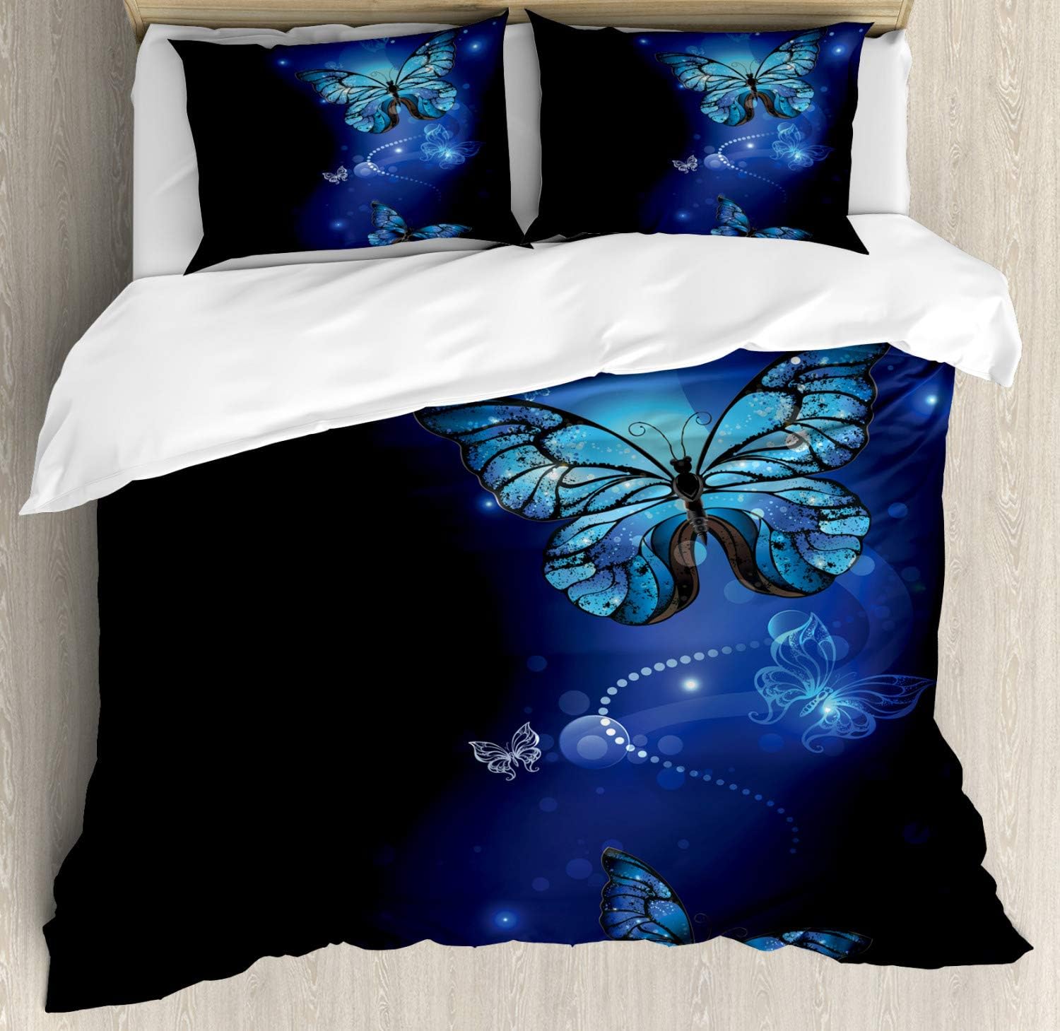 Ambesonne Dark Blue Duvet Cover Set King Size, Fantasy Magical Butterflies Monarch Artistic Morpho Inspiration Animal, Decorative 3 Piece Bedding Set with 2 Pillow Shams, Cobalt Blue Black