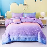 URBONUR Twin Comforter Set for Girls 6Pcs Bed in a Bag Gradient Purple Orange Blue Moon Stars Comforters Soft Lightweight Kids Bedding Set for All Season (Star, Twin Size)