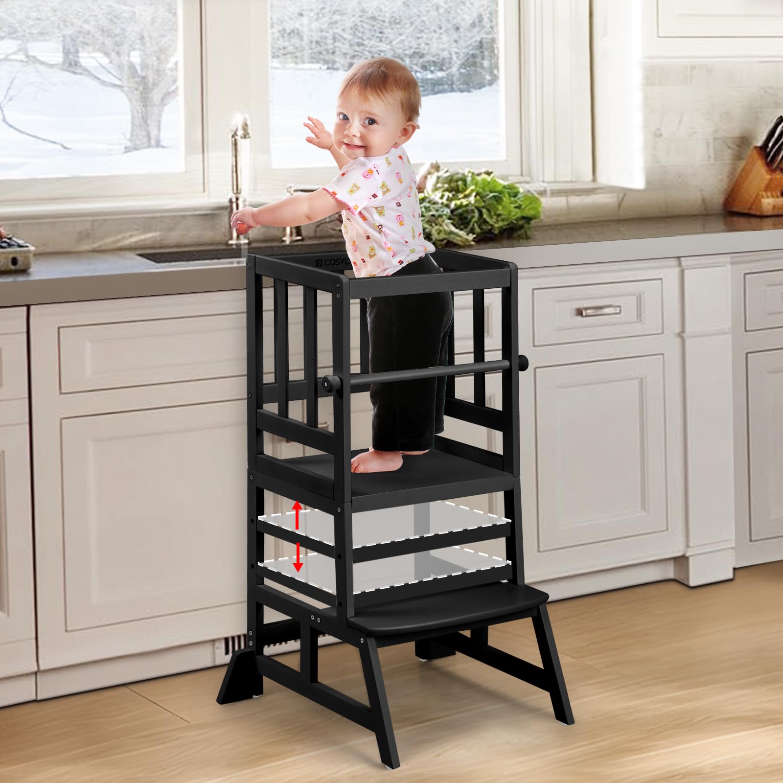 Photo 1 of COSYLAND Toddler Standing Tower - Adjustable Height Toddler Kitchen Stool Helper - Kids Kitchen Step Stool for Learning with Removable Safety Railing Black