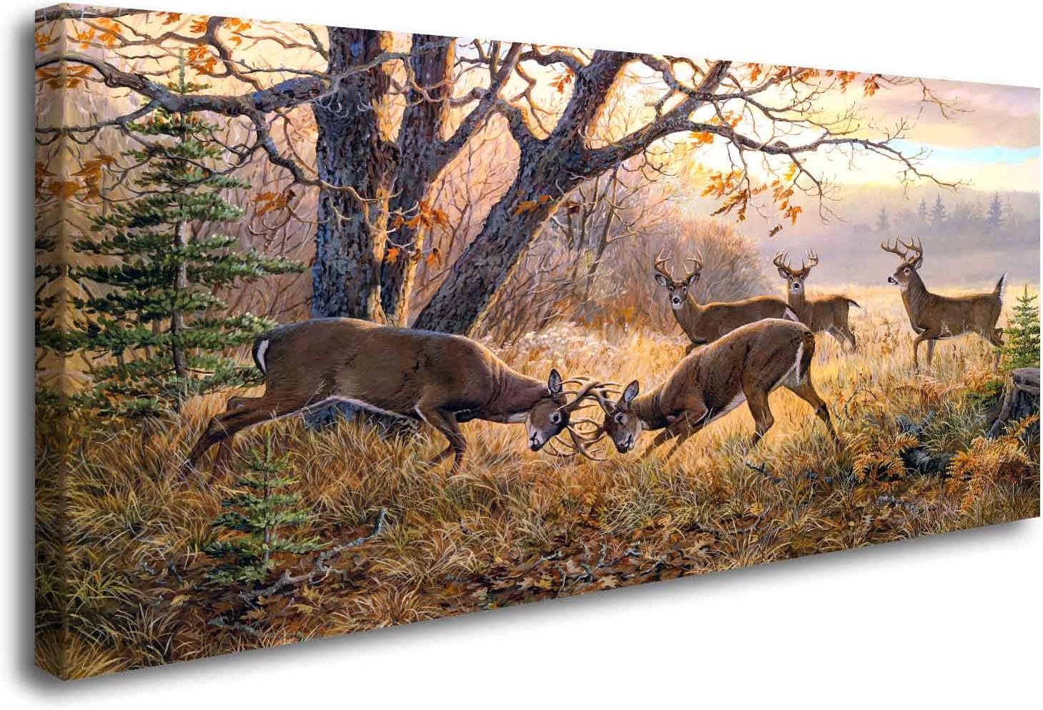 ArtHome520 Yellow Animal Deer Canvas Print Painting Wall Art Golden Fall Landscape Picture Home Decor Living Dining Room Modern Framed Panel Piece (24''x48'')
